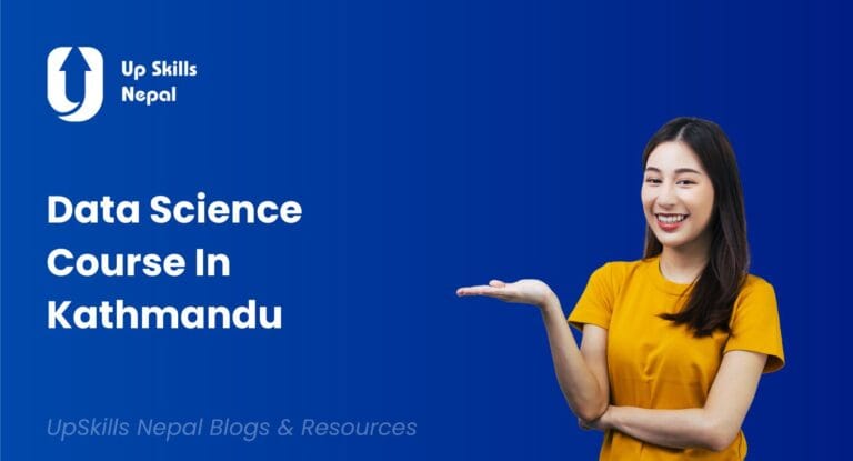 A picture displaying the girl showing 'Data Science Course In Kathmandu' in blue background.