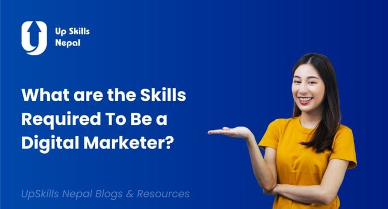 A picture displaying What are the Skills Required to be a Digital Marketer by girl in blue background.